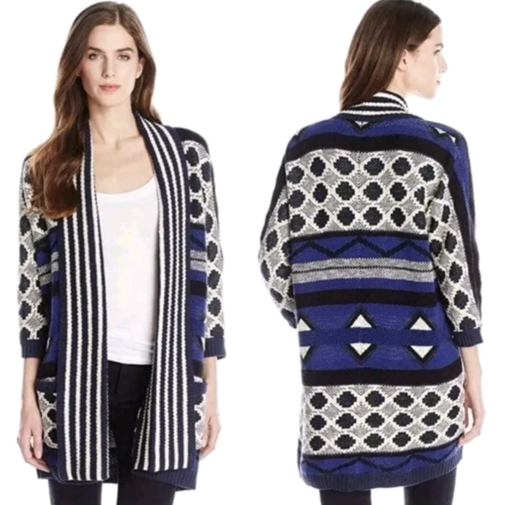 Lucky Brand Retro Blue Knit Long Cozy Open Faced Cardigan w/ Pockets Sz Med